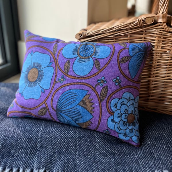 Vintage linen Prince of Quince cushion cover with purple wool back