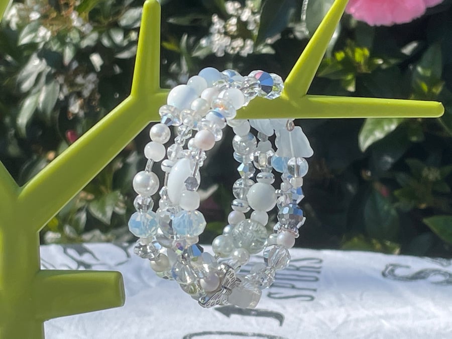 MEMORY WIRE BANGLE white crystal beads four strands adjustable snow bridal 