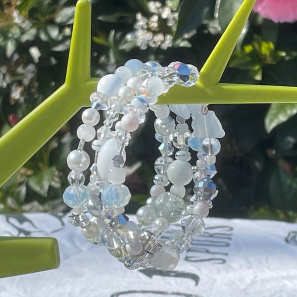 MEMORY WIRE BANGLE white crystal beads four strands adjustable snow bridal 