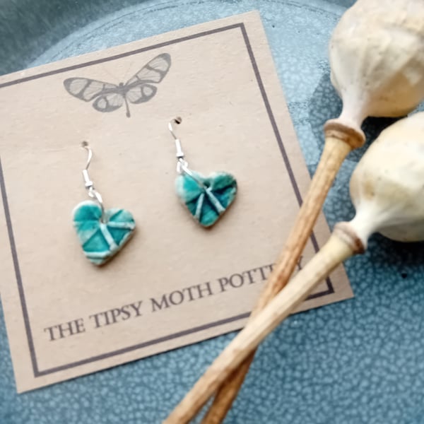 Abstract blue green rustic heart porcelain clay earrings on silver plated hooks