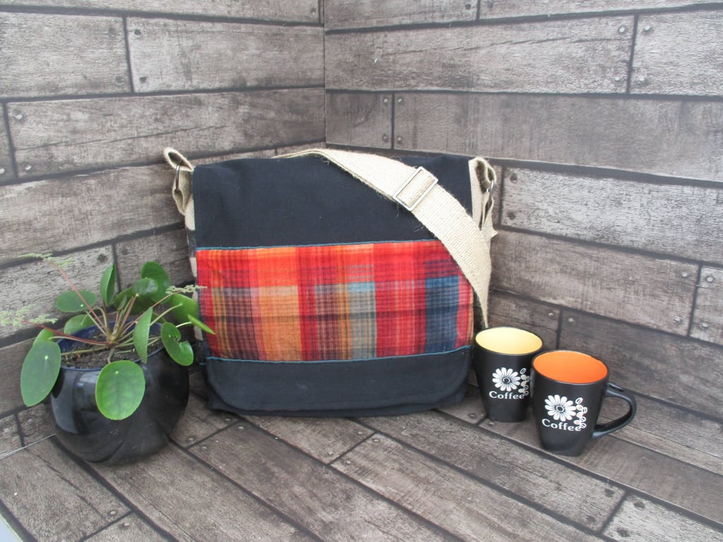Eco Messenger Bag - Upcycled Materials - Black and Orange check