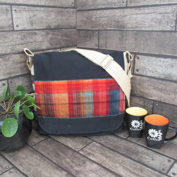 Eco Messenger Bag - Upcycled Materials - Black and Orange check