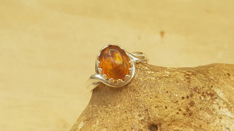 Adjustable Amber Ring. 925 sterling silver rings for women