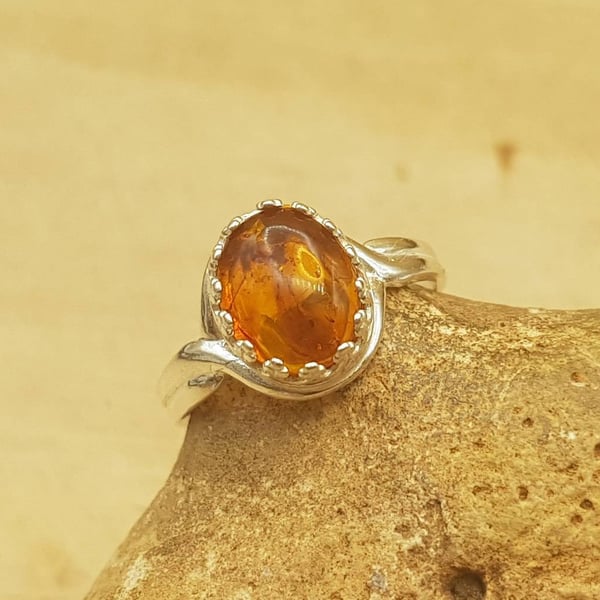 Adjustable Amber Ring. 925 sterling silver rings for women