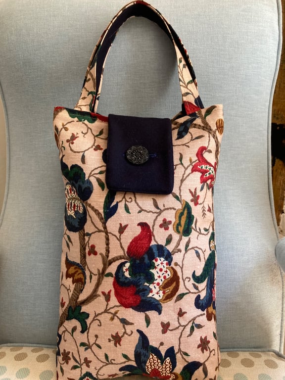 1950's Jacobean floral linen modern tote bag.