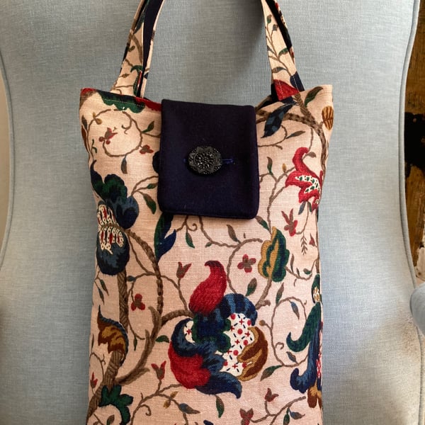 1950's Jacobean floral linen modern tote bag.