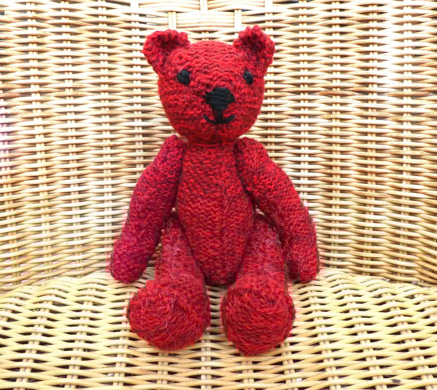Handmade 8" Red Teddy Bear Knitted in 100% Wool
