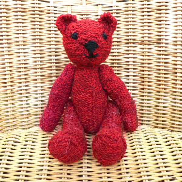 Handmade 8" Red Teddy Bear Knitted in 100% Wool