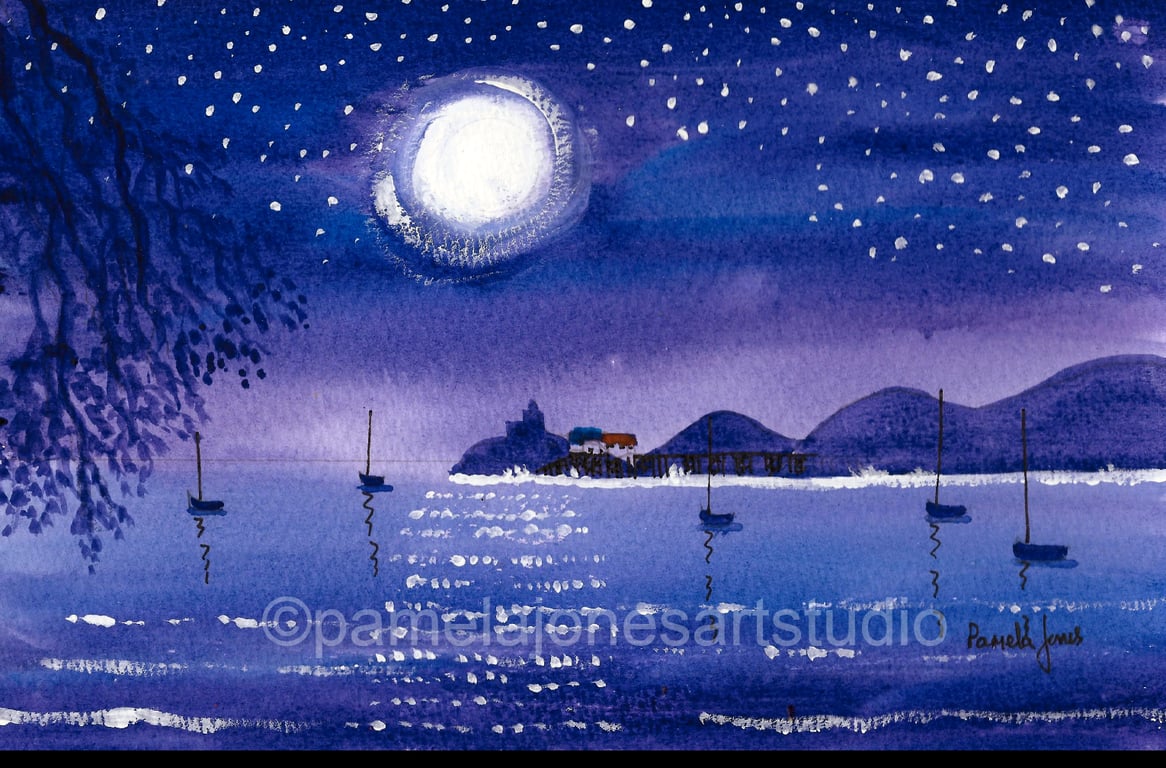 Mumbles In Moonlight, Watercolour Print, in 9 x 7 '' Mount, Mumbles Print, Wales