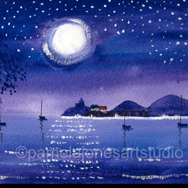 Mumbles In Moonlight, Watercolour Print, in 9 x 7 '' Mount, Mumbles Print, Wales