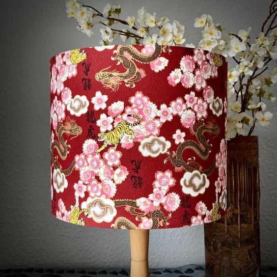 Tigers, Dragons, and Cherry Blossoms Japanese Lampshade