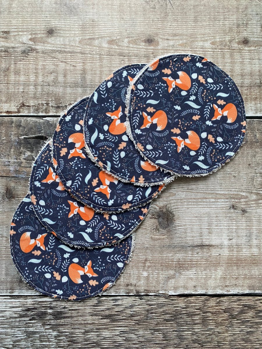 Make Up Remover Facial Rounds Pads Cotton Bamboo Navy Blue Orange Foxes x5