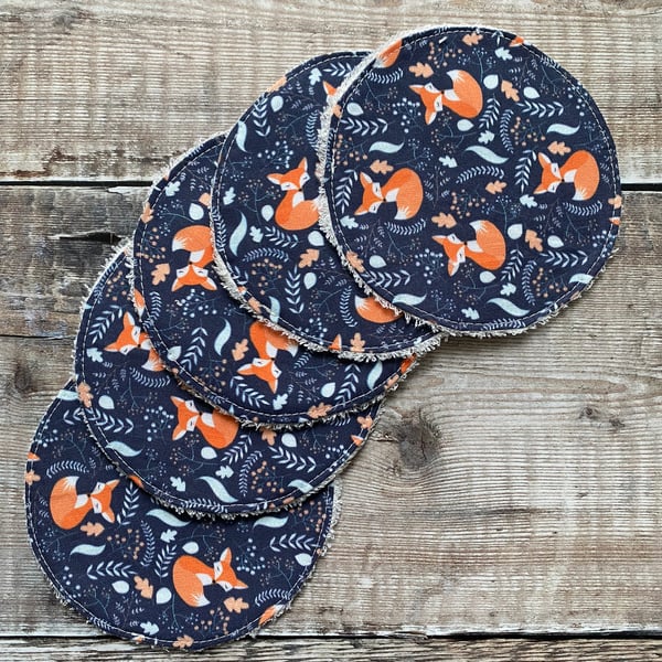 Make Up Remover Facial Rounds Pads Cotton Bamboo Navy Blue Orange Foxes x5