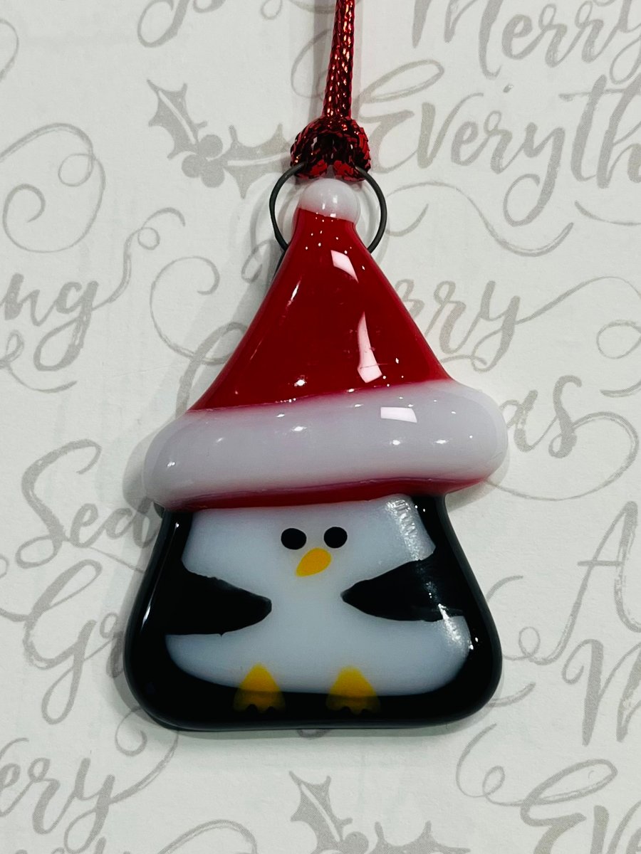 Small Handmade Fused Glass Penguin Hanging Christmas Decoration 
