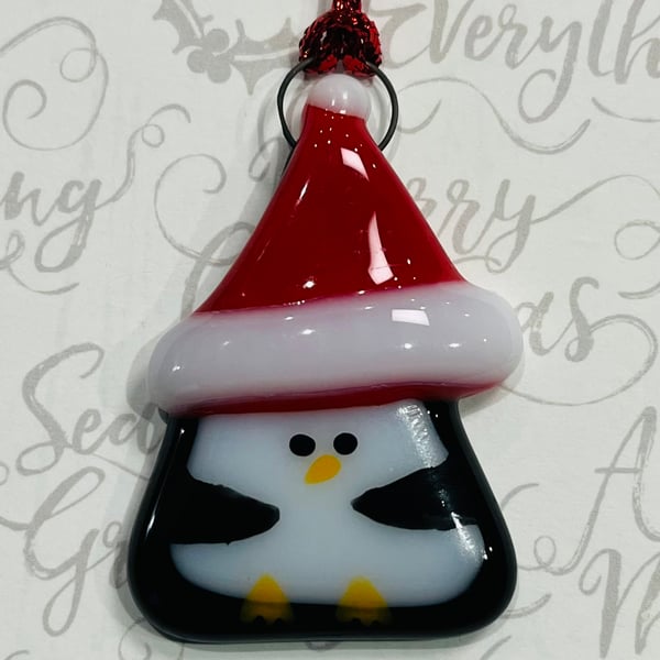 Small Handmade Fused Glass Penguin Hanging Christmas Decoration 