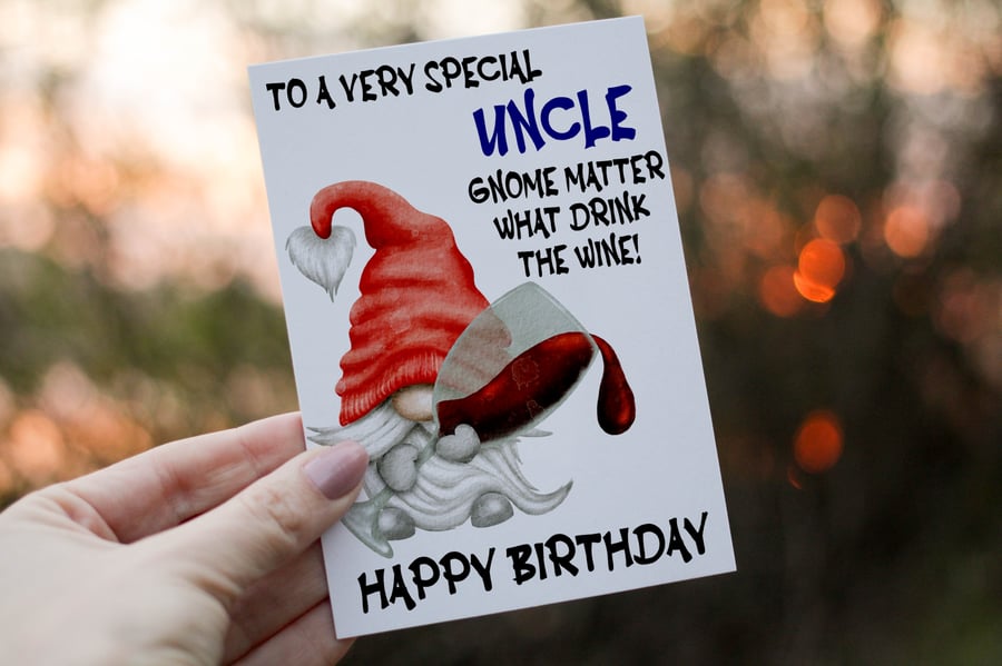 Special Uncle Drink The Wine Gnome Birthday Card, Gonk Birthday Card