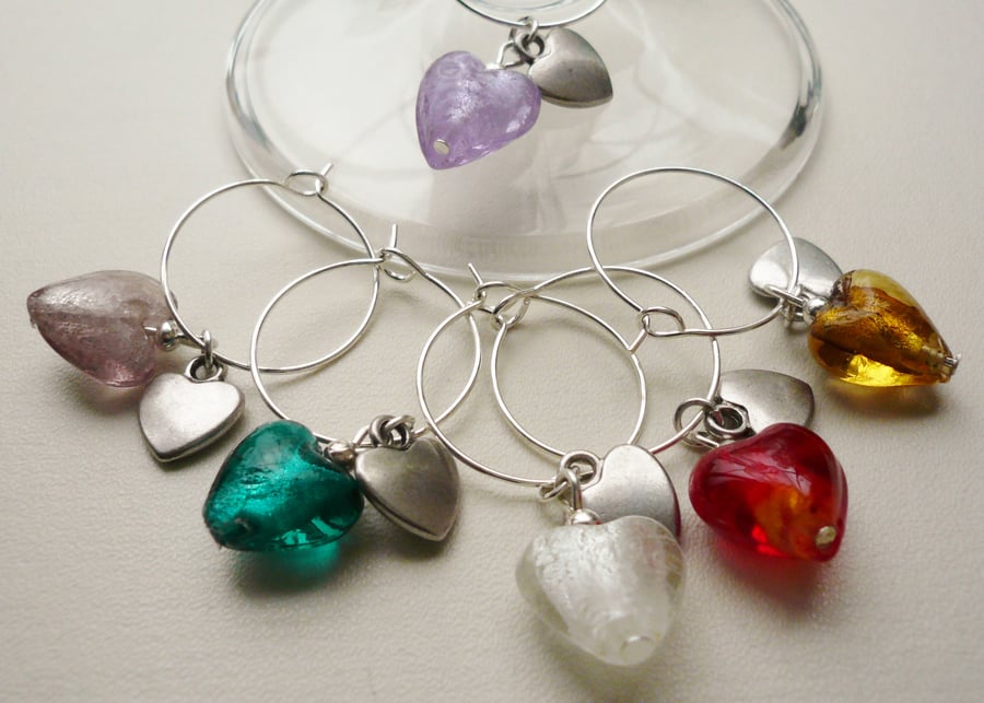Foil Lined Glass and Silver Heart Wine Glass Charms   KCJWG653