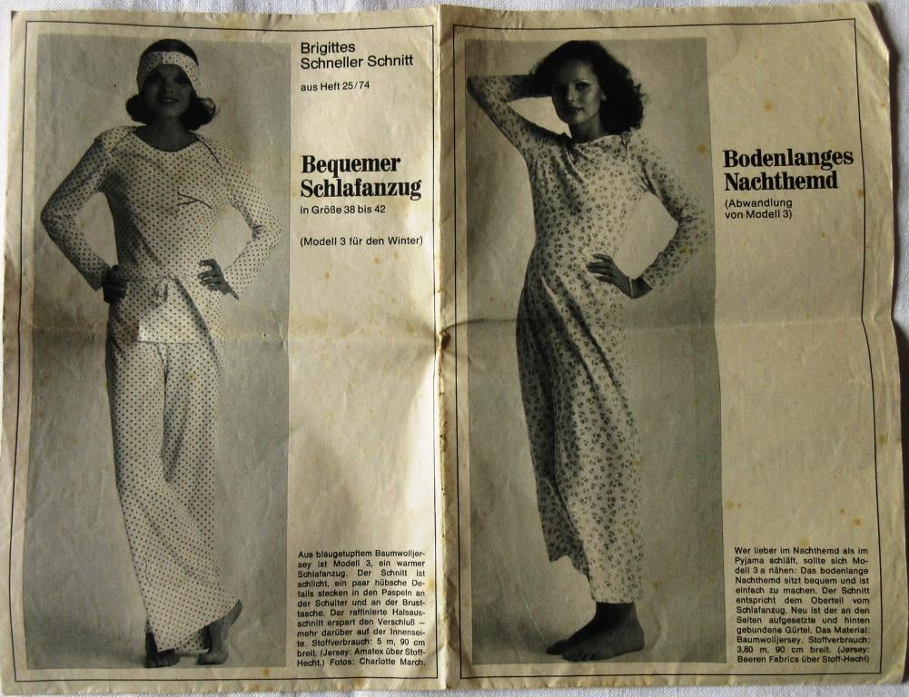 A German sewing pattern for a woman's nightdress and pyjamas in sizes 38 - 42