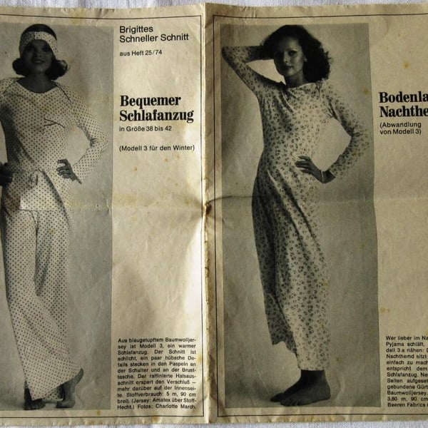 A German sewing pattern for a woman's nightdress and pyjamas in sizes 38 - 42
