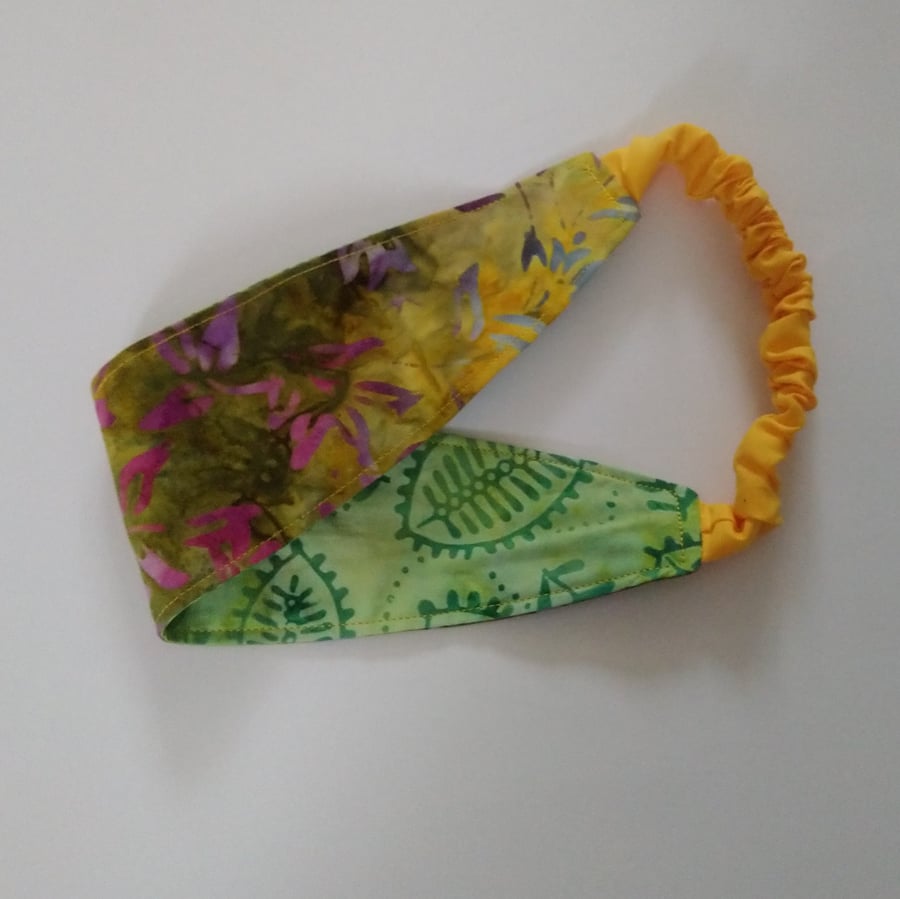Yellow and Green Leaves Batik Reversible Headband