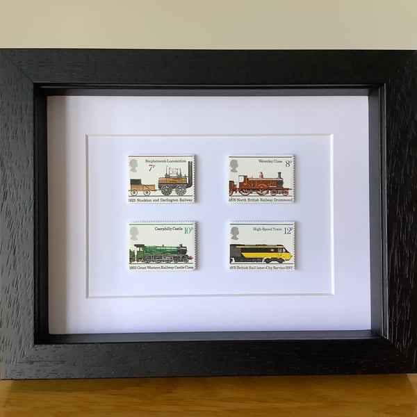 Railway engine Royal Mail stamps, steam train gift, trainspotter gift