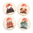 Round wooden coasters, set of 4, mountain print, great housewarming gift