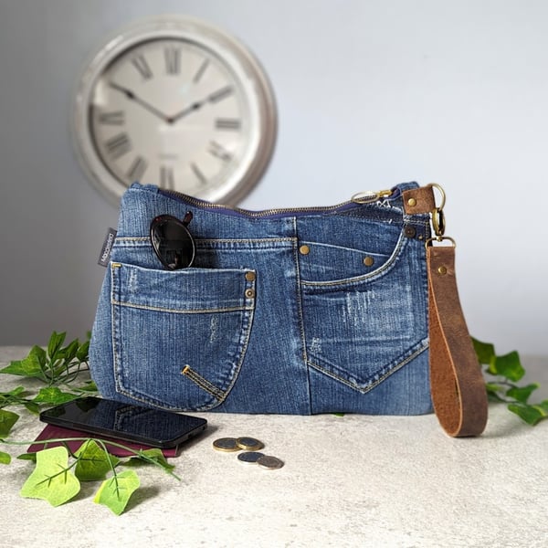 Denim Bag - Recycled Denim Clutch Grab HandBag with Leather Strap (p&p incl)