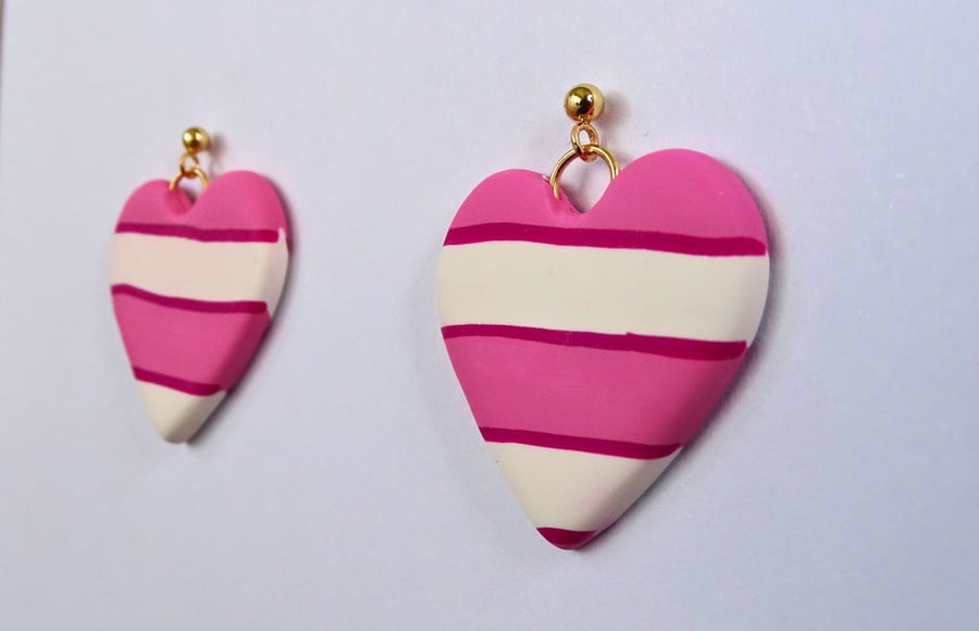 Stripy Heart - Handmade Polymer Clay Dangle Earrings