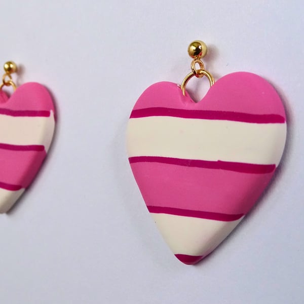 Stripy Heart - Handmade Polymer Clay Dangle Earrings