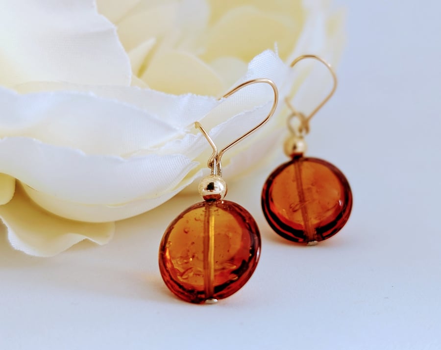 Dark Topaz Murano Glass Earrings, Gold Filled Earwires