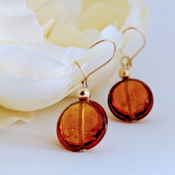 Dark Topaz Murano Glass Earrings, Gold Filled Earwires