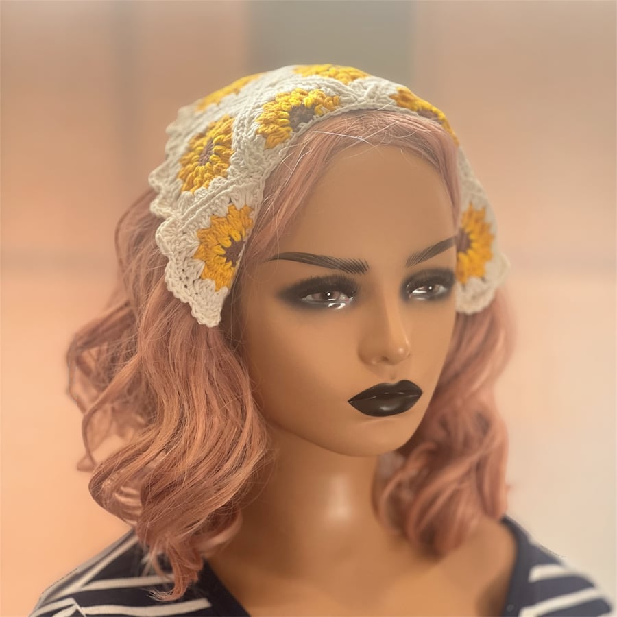 Handmade Sunflower Crochet Bandana, Boho Hair Scarf for Summer".