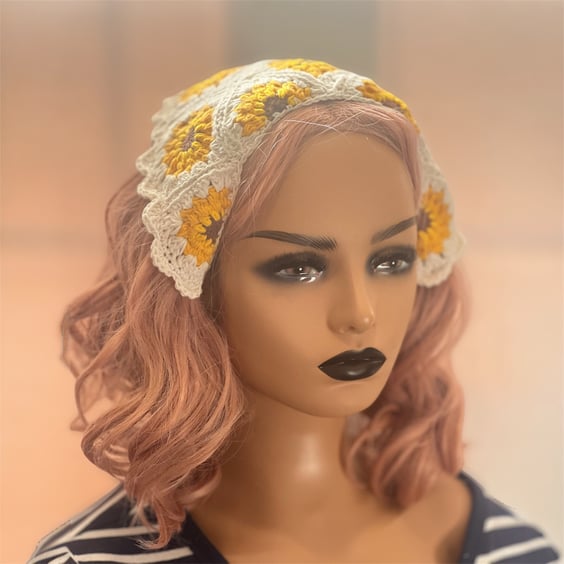 Handmade 100% Cotton Sunflower Crochet Bandana - Boho Granny Square Hair Scarf