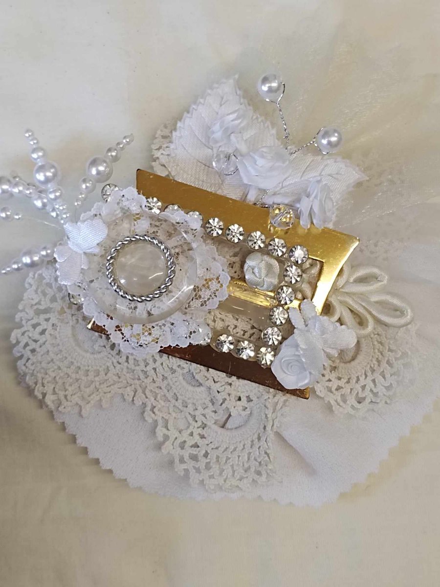 Corsage. White & Gold Buckles with button Beads, lace  & white Butterflies