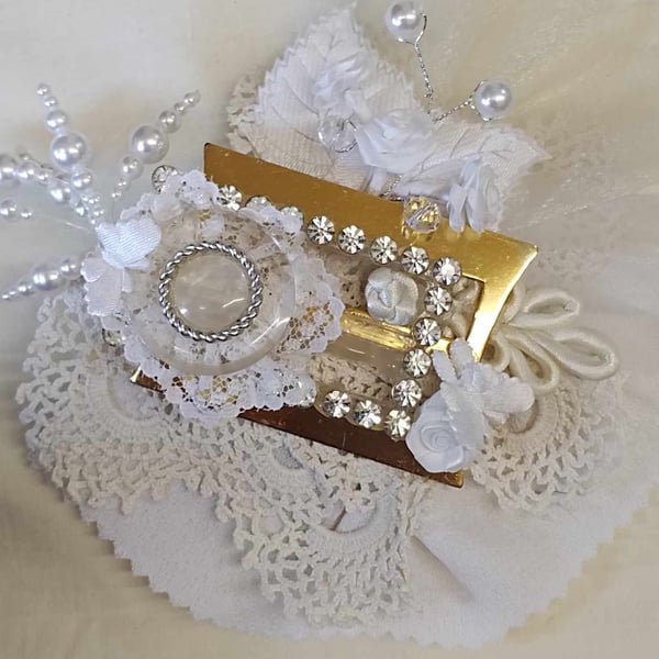 Corsage. White & Gold Buckles with button Beads, lace  & white Butterflies