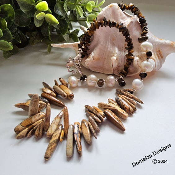 Picture Jasper, Freshwater Pearls, Tigers Eye Necklace 