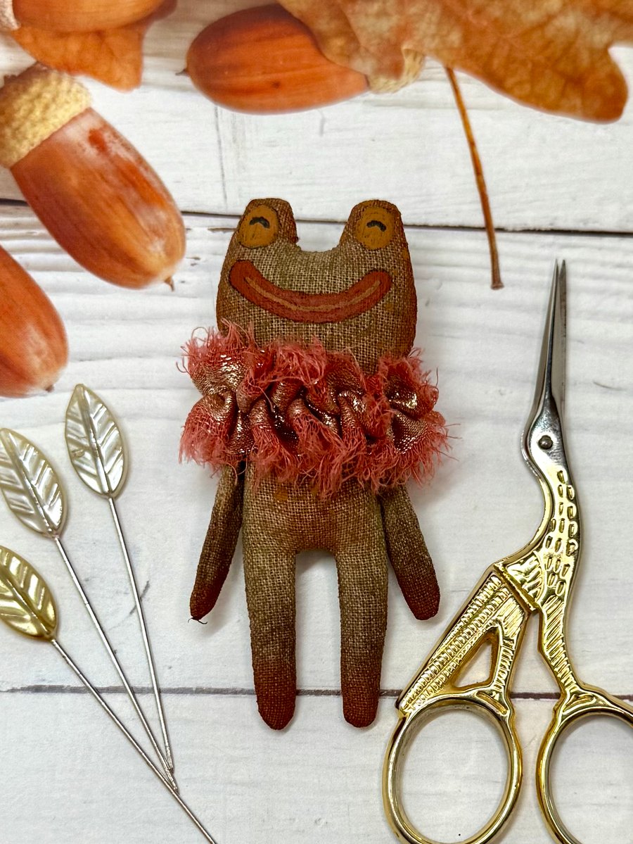 Hand Painted Miniature Frog Art Doll in Red & Brown