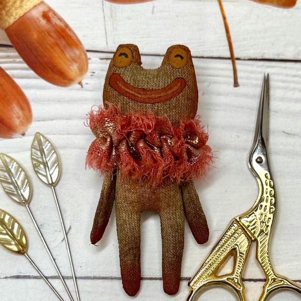 Hand Painted Miniature Frog Art Doll in Red & Brown