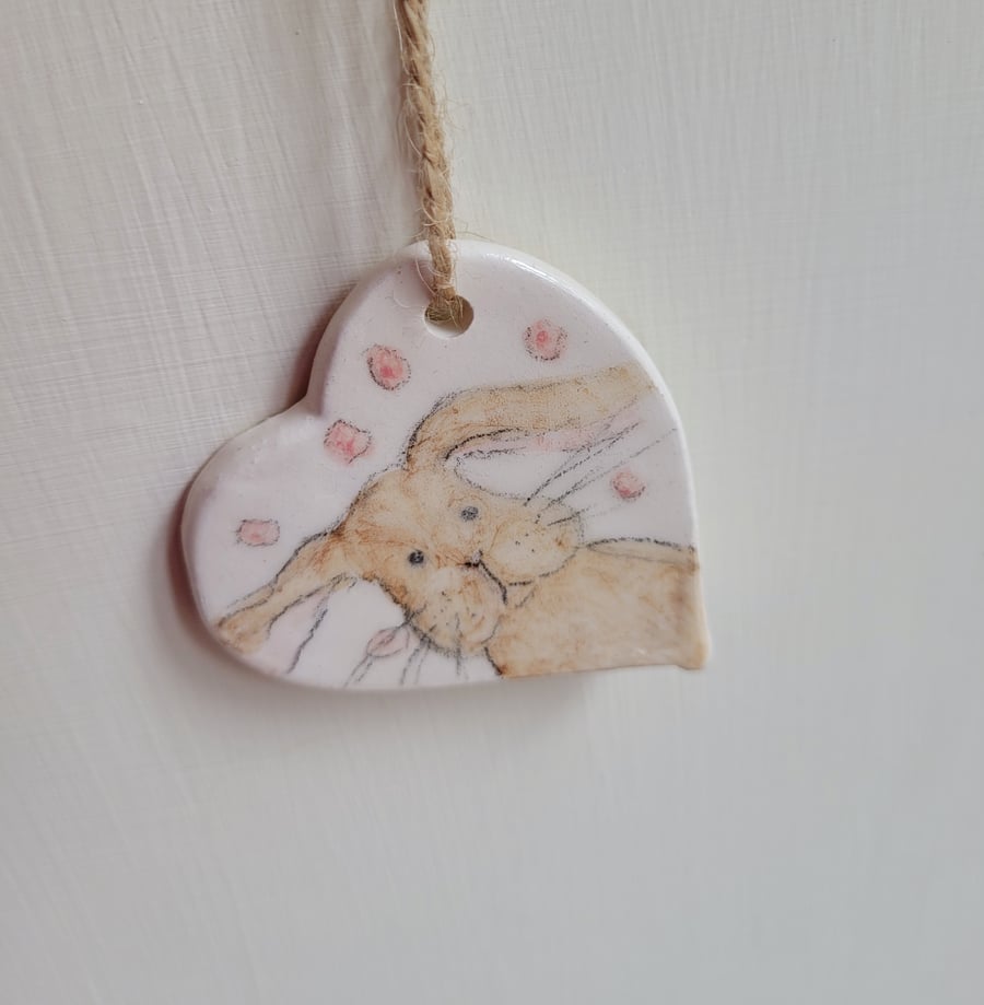 Ceramic bunny rabbit heart shaped Christmas tree decoration handmade ornament 
