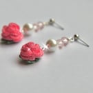 Crystal Glass Beads Glass Pearls Microcrochet Rose Stud Earrings 