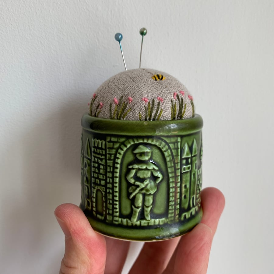 RESERVED FOR H - Green knight and castle pot embroidered pin cushion