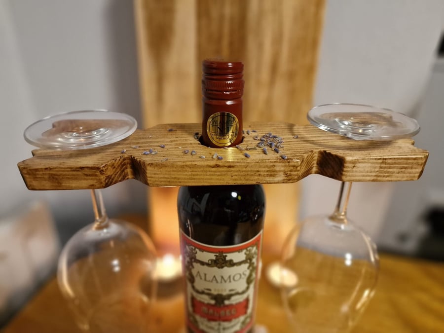 Wooden Wine Bottle and Glass Holder