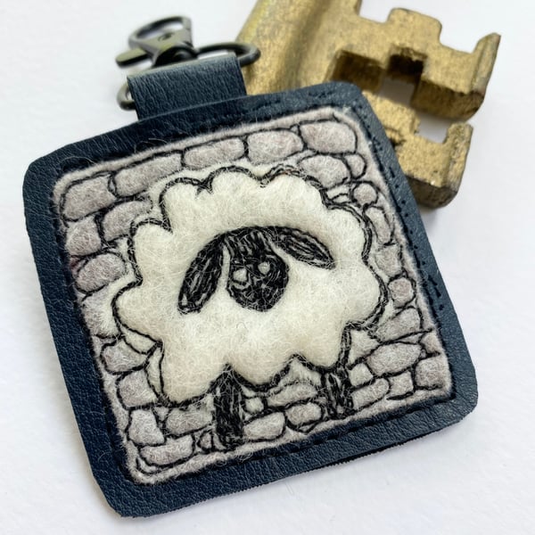 Up-cycled Wendsley the Sheep with dry stone wall key ring or bag charm. 