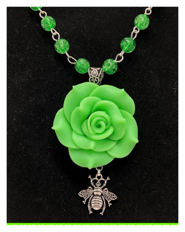 SALE Green Polymer clay rose necklace