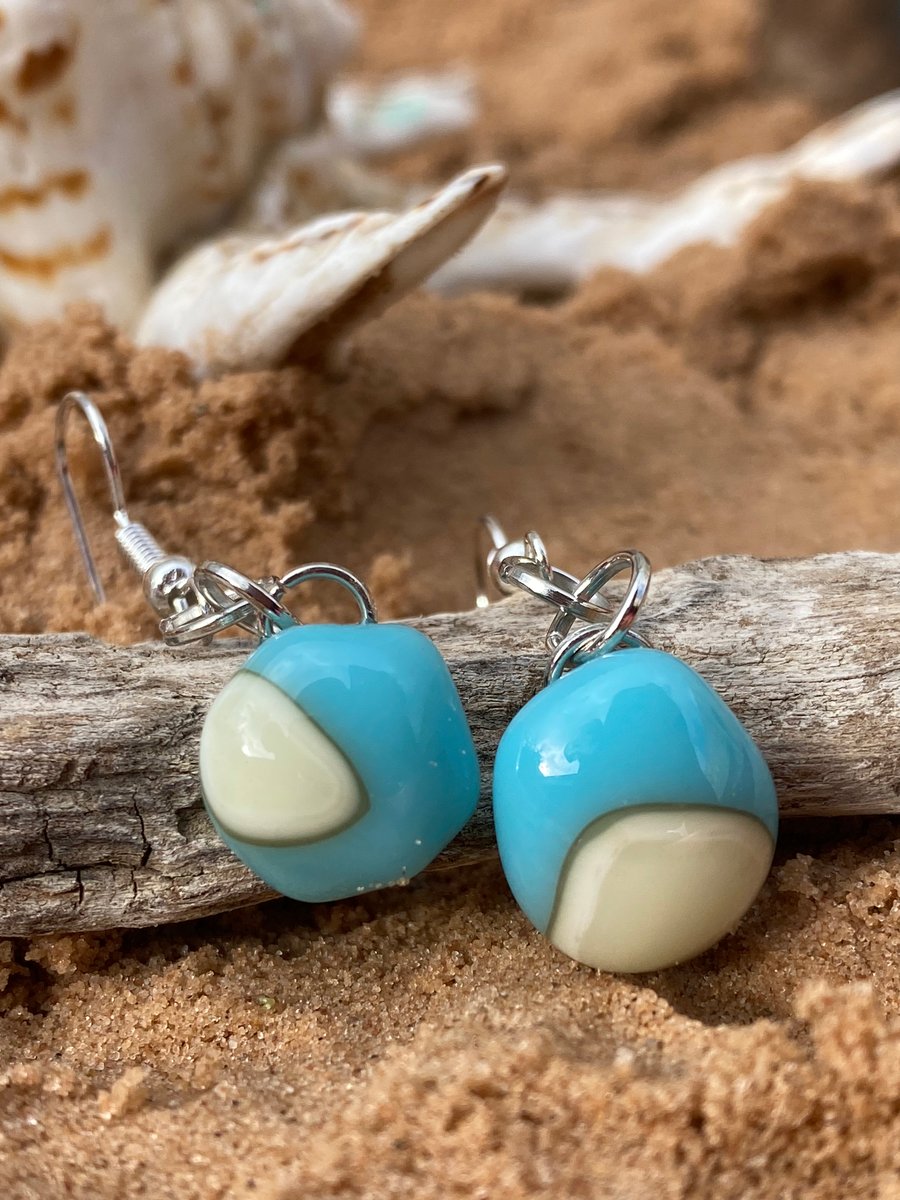 Blue and Cream Fused Glass Drop Earrings 