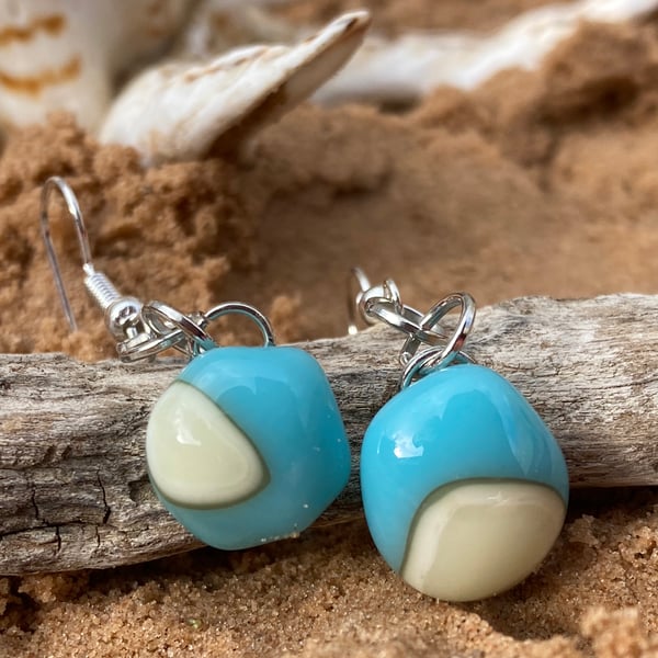 Blue and Cream Fused Glass Drop Earrings 