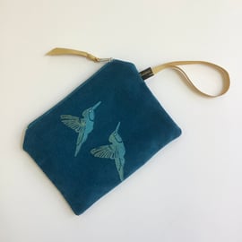 Teal Hummingbirds velvet zip-up pouch