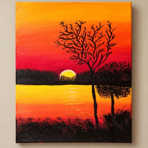 Original Sunset Canvas Painting - Golden Hour Reflections