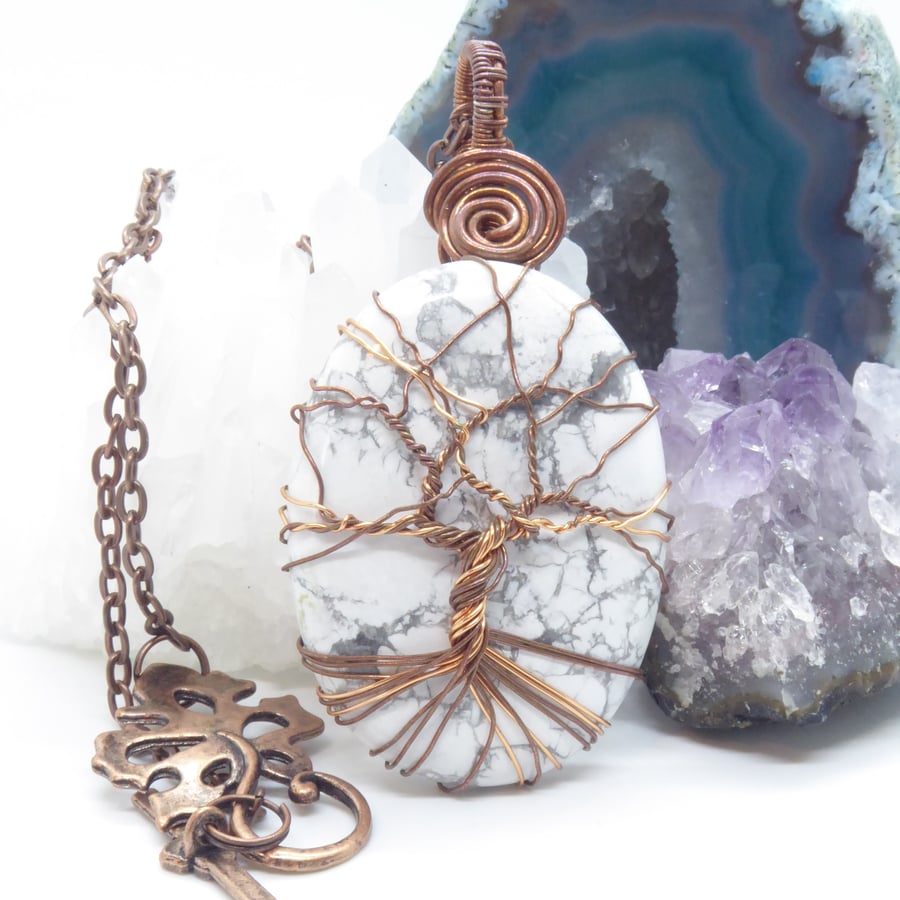 White Howlite and Aged Copper Tree of Life Pendant 