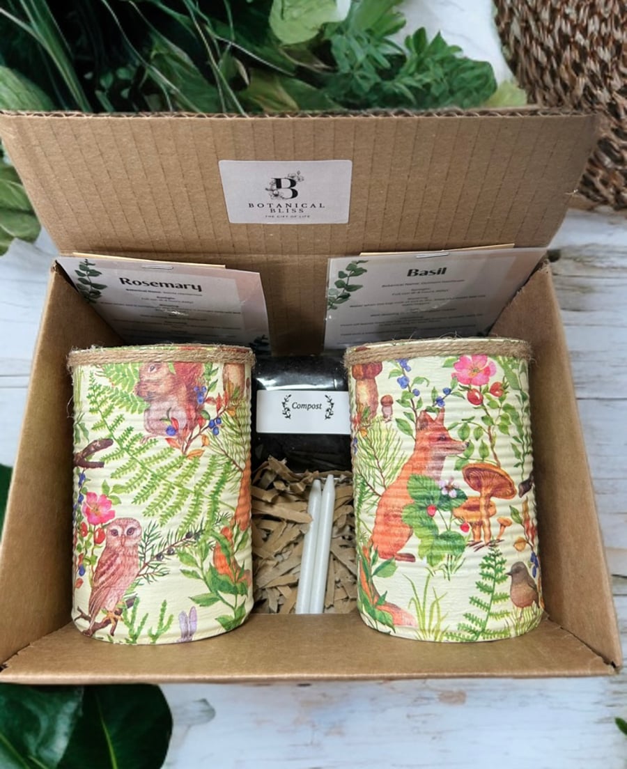 Grow your own herbs gift set indoor house planters sage green woodland animal 
